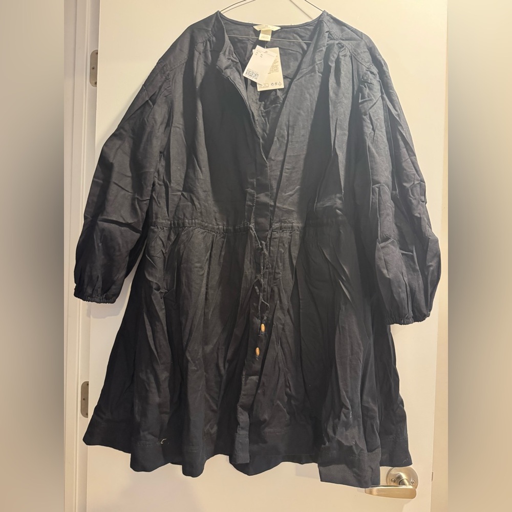 NEW! WITH TAGS! H&M Black Long Sleeve Linen Tie-Waist Dress Sz XL
